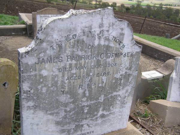 James Patrick O'DEMPSEY,  | died 30 May 1908 aged 16 years;  | Upper Freestone Cemetery, Warwick Shire  | 