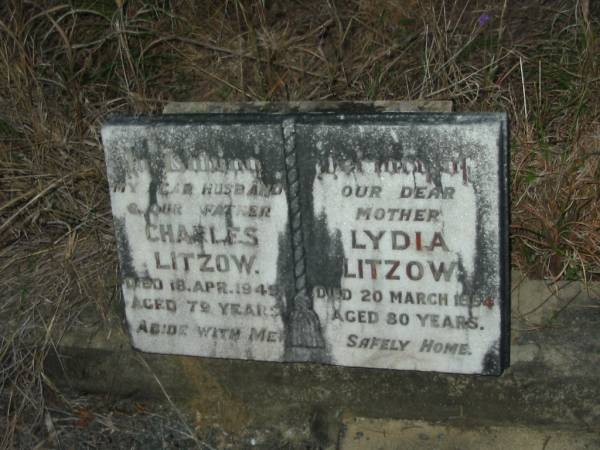 Charles LITZOW  | 18 Apr 1949 aged 79  | Lydia LITZOW  | 20 Mar 1954 aged 80  | Vernor German Baptist Cemetery, Esk Shire  | 