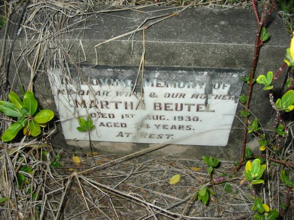 Martha BEUTEL  | died 1 Aug 1930 aged 34  | Vernor German Baptist Cemetery, Esk Shire  | 