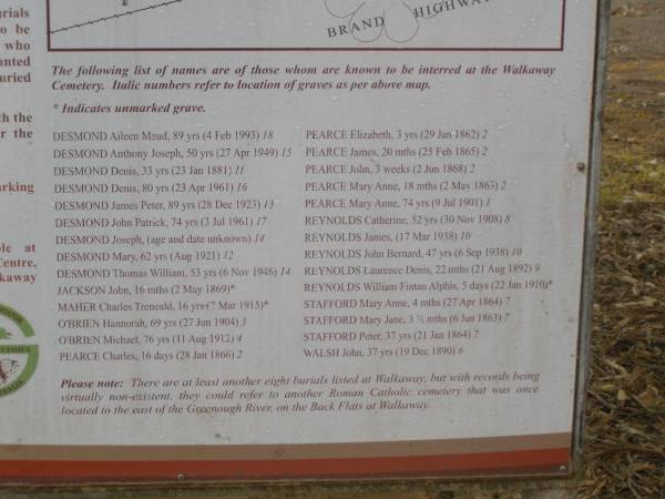 Aileen Maud DESMOND d: 4 Feb 1993 aged 89  | Anthony Joseph DESMOND d: 27 Apr 1949 aged 50  | Denis DESMOND d: 23 Jan 1881 aged 33  | Denis DESMOND d: 23 Apr 1961 aged 80  | James Peter DESMOND d: 28 Dec 1923 aged 89  | John Patrick DESMOND d: 3 jul 1961 aged 74  | Joseph DESMOND d: ?  | Mary DESMOND d:Aug 1921 aged 62  | Thomas William DESMOND d: 6 Nov 1946 aged 53  | John JACKSON d: 2 May 1869 aged 16 mo  | Charles Treneald MAHER d: 7 Mar 1915 aged 16  | Hannorah O'BRIEN d: 27 Jun 1904 aged 69  | Michael O'BRIEN d: 11 Aug 1912 aged 76  | Charles PEARCE d: 28 Jan 1866 aged 16 days  | Elizabeth PEARCE d: 29 Jan 1862 aged 3  | James PEARCE d: 25 Feb 1865 aged 20 mo  | John PEARCE d: 2 Jun 1868 aged 3 weeks  | Mary Anne PEARCE d: 9 Jul 1901 aged 74  | Catherine REYNOLDS d: 30 Nov 1908 aged 52  | James REYNOLDS d: 17 Mar 1938  | John Bernard REYNOLDS d: 6 Sep 1938 aged 47  | Laurence Denis REYNOLDS d: 21 Aug 1892 aged 22 mo  | William Fintan Alphis REYNOLDS d: 22 Jan 1910 aged 5 days  | Mary Anne STAFFORD d: 27 Apr 1864 aged 4 mo  | Mary Jane STAFFORD d: 6 Jan 1863 aged 3 1/2 mo  | Peter STAFFORD d: 21 Jan 1864 aged 37  | John WALSH d: 19 Dec 1890 aged 37  |   |   | Walkaway cemetery, WA  | 