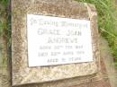 
Grace Joan ANDREWS,
born 26 Feb 1927
died 22 april 1978 aged 51 years;
Warra cemetery, Wambo Shire
