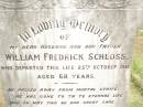 
William Fredrich SCHLOSS,
husband father,
died 25 Oct 1918 aged 68 years;
Mary,
wife,
died 7 March 1938 aged 83 years;
Warra cemetery, Wambo Shire
