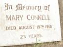 
Mary CONNELL,
died 19 Aug 1918 aged 23 years;
Warra cemetery, Wambo Shire
