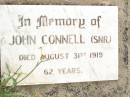 John CONNELL (snr), died 31 Aug 1919 aged 62 years; Warra cemetery, Wambo Shire 