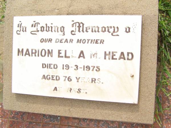 Marion Ella M. HEAD,  | mother,  | died 19-3-1975 aged 76 years;  | Warra cemetery, Wambo Shire  | 