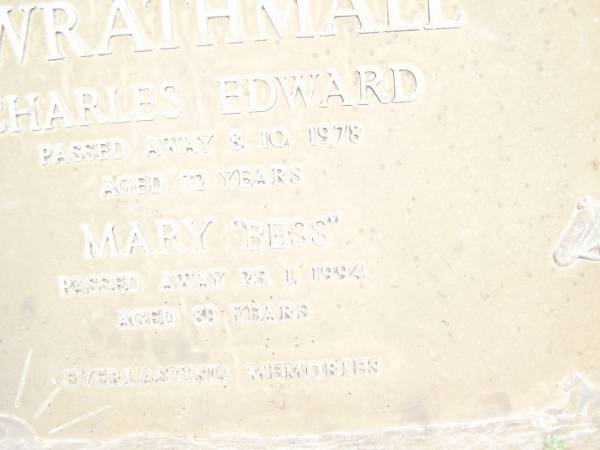 Charles Edward WRATHMALL,  | died 8-10-1978 aged 72 years;  | Mary  Bess ,  | died 25-1-1994 aged 89 years;  | Warra cemetery, Wambo Shire  | 