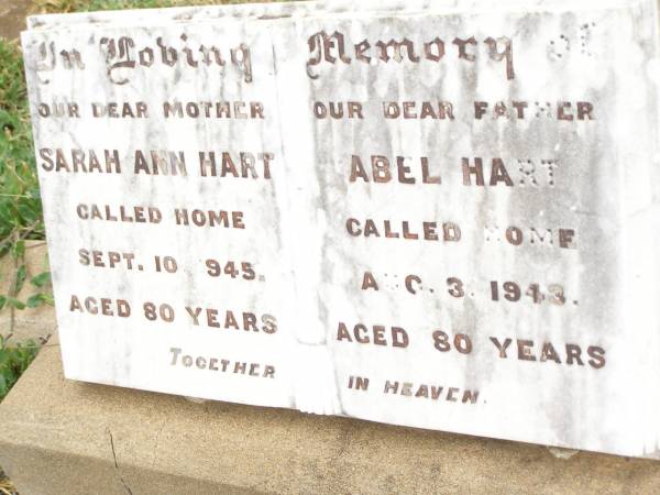 Sarah Ann HART,  | mother,  | died 10 Sept 1945 aged 80 years;  | Abel HART,  | father,  | died 31 Aug 1943 aged 80 years;  | Warra cemetery, Wambo Shire  | 