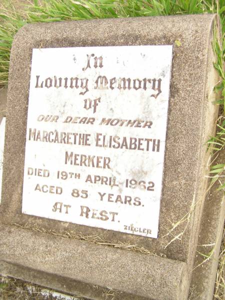 Margarethe Elisabeth MERKER,  | mother,  | died 19 April 1962 aged 85 years;  | Warra cemetery, Wambo Shire  | 