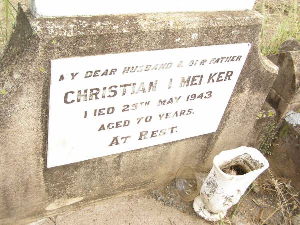 Christian I. MERKER,  | died 25 May 1943 aged 70 years;  | Warra cemetery, Wambo Shire  | 