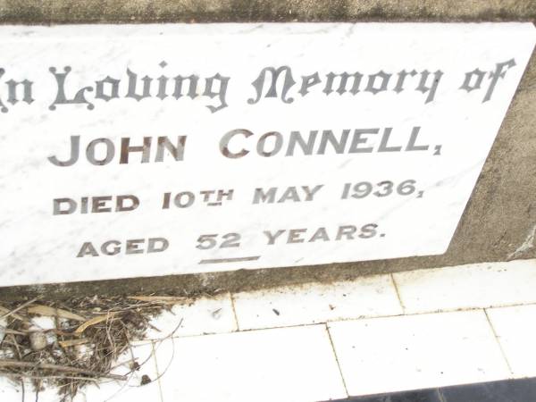 John CONNELL,  | died 10 May 1936 aged 52 years;  | Warra cemetery, Wambo Shire  | 
