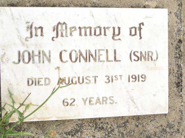 John CONNELL (snr),  | died 31 Aug 1919 aged 62 years;  | Warra cemetery, Wambo Shire  | 
