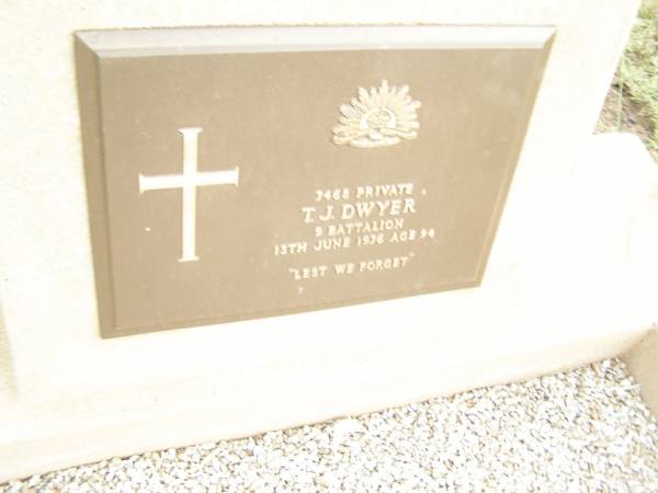 T.J. DWYER,  | died 13 June 1976 aged 94 years;  | Warra cemetery, Wambo Shire  | 