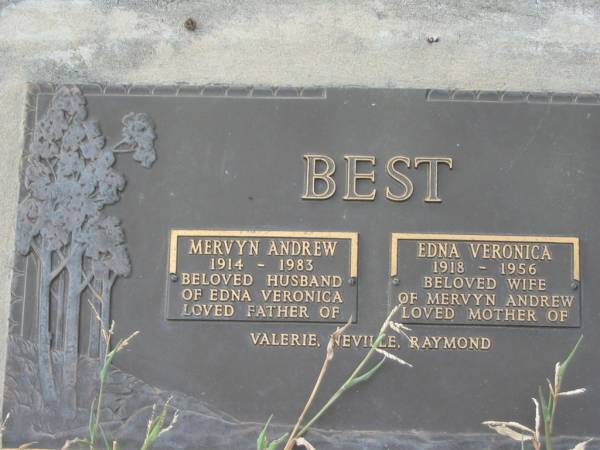 Mervyn Andrew BEST,  | 1914 - 1983,  | husband of Edna Veronica,  | father of Valerie, Neville & Raymond;  | Enda Veronica BEST,  | 1918 - 1956,  | wife of Mervyn Andrew,  | mother of Valerie, Neville & Raymond;  | Warra cemetery, Wambo Shire  | 