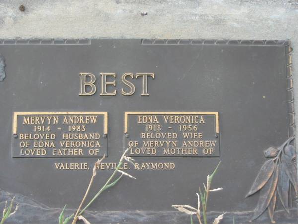 Mervyn Andrew BEST,  | 1914 - 1983,  | husband of Edna Veronica,  | father of Valerie, Neville & Raymond;  | Enda Veronica BEST,  | 1918 - 1956,  | wife of Mervyn Andrew,  | mother of Valerie, Neville & Raymond;  | Warra cemetery, Wambo Shire  | 