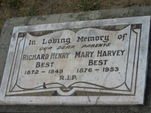 parents;  | Richard Henry BEST,  | 1872 - 1949;  | Mary Harvey BEST,  | 1876 - 1953;  | Richard Warra BEST,  | died 6 Aug 1983 aged 80 years;  | Warra cemetery, Wambo Shire  | 