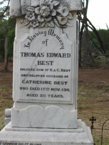 Thomas Edward BEST,  | son of R. & C. BEST,  | husband of Catherine BEST,  | died 15 Nov 1911 aged 26 years;  | Benjamin Joseph,  | son of Catherine & Richard BEST,  | died 22 Jan 1907 aged 24 years;  | Warra cemetery, Wambo Shire  | 