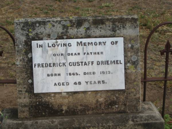 Frederick Gustaff DRIEMEL,  | father,  | born 1865,  | died 1913 aged 48 years;  | Warra cemetery, Wambo Shire  | 