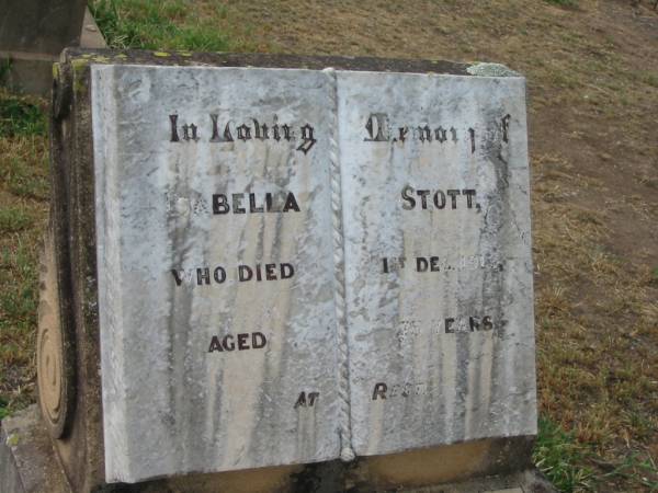 Bella STOTT,  | died 1 Dec 1913? aged 75 years;  | Warra cemetery, Wambo Shire  | 