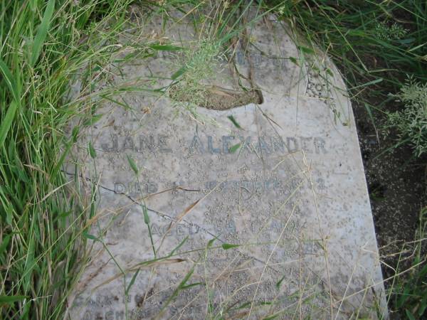 Jane ALEXANDER,  | died 1 Oct 1902 aged 64 years;  | Warra cemetery, Wambo Shire  | 