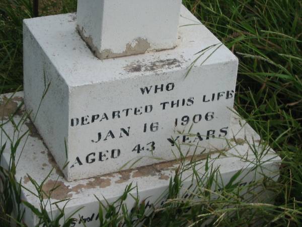 John WILLIAMS,  | father,  | died 16 Jan 1906 aged 43 years;  | Warra cemetery, Wambo Shire  | 