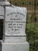 
Eileen May RANGE,
daughter,
died 3 Oct 1930 aged 34 years 5 months;
Margaret,
wife of Robert RANGE,
died 19 Sept 1935 aged 70 years;
Warra cemetery, Wambo Shire
