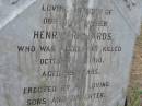 Henry RICHARDS, father, accidentally killed 4 Oct 1910 aged 59 years, erected by sons & daughter; Warra cemetery, Wambo Shire 