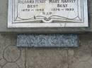parents; Richard Henry BEST, 1872 - 1949; Mary Harvey BEST, 1876 - 1953; Richard Warra BEST, died 6 Aug 1983 aged 80 years; Warra cemetery, Wambo Shire 