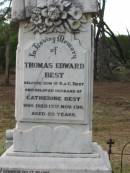 
Thomas Edward BEST,
son of R. & C. BEST,
husband of Catherine BEST,
died 15 Nov 1911 aged 26 years;
Benjamin Joseph,
son of Catherine & Richard BEST,
died 22 Jan 1907 aged 24 years;
Warra cemetery, Wambo Shire
