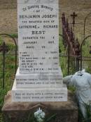 
Thomas Edward BEST,
son of R. & C. BEST,
husband of Catherine BEST,
died 15 Nov 1911 aged 26 years;
Benjamin Joseph,
son of Catherine & Richard BEST,
died 22 Jan 1907 aged 24 years;
Warra cemetery, Wambo Shire
