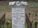 
Thomas Edward BEST,
son of R. & C. BEST,
husband of Catherine BEST,
died 15 Nov 1911 aged 26 years;
Benjamin Joseph,
son of Catherine & Richard BEST,
died 22 Jan 1907 aged 24 years;
Warra cemetery, Wambo Shire
