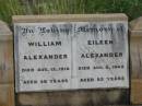 
William ALEXANDER,
died 12 Aug 1916 aged 56 years;
Eileen ALEXANDER,
died 6 Aug 1942 aged 83 years;
Warra cemetery, Wambo Shire

