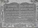 
George Henry HAY
25 Jul 1927, aged 75
Wilhelmina Minnie HAY
31 Oct 1941, aged 77

James D HAY
died at Bellevue 17 Jul 1901, aged 4 years 10 months

Wivenhoe Pocket General Cemetery


