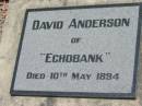 
David ANDERSON
of Echobank
died 10 May 1894

Research contact: If David Anderson is in your family tree, please email me at delderhorst@yahoo.ca

Wivenhoe Pocket General Cemetery

