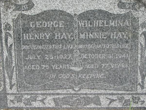 George Henry HAY  | 25 Jul 1927, aged 75  | Wilhelmina Minnie HAY  | 31 Oct 1941, aged 77  |   | James D HAY  | died at Bellevue 17 Jul 1901, aged 4 years 10 months  |   | Wivenhoe Pocket General Cemetery  |   | 