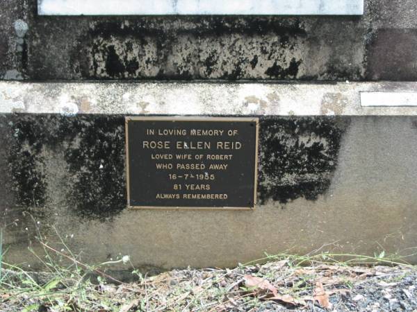 Robert REID  | 24 Jan 1947, aged 59  | Rose Ellen REID  | 16 Jul 1955, aged 81  | Wivenhoe Pocket General Cemetery  |   | 