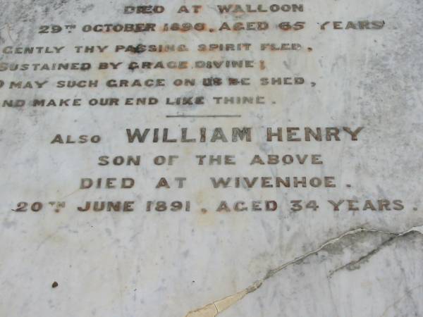 Charles SMITH  | d: Wivenhoe 5? Dec 1880, aged 59  | (wife) Elizabeth (SMITH)  | d: Walloon, 29 Oct 1896, aged 65  | (son) William Henry (SMITH)  | d: Wivenhoe 20 Jun 1891, aged 34  | Wivenhoe Pocket General Cemetery  |   | 