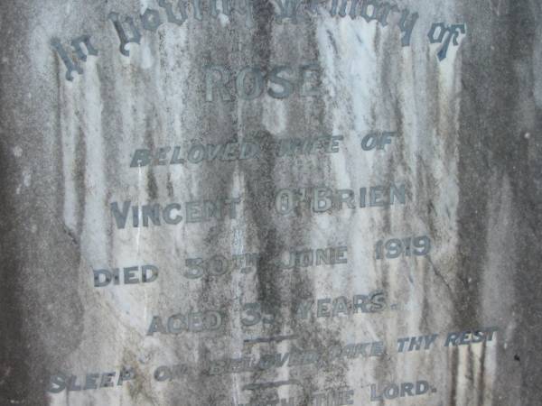 Rose O'BRIEN  | (wife of Vincent O'BRIEN)  | 30 Jun 1919, aged 35  | Wonglepong cemetery, Beaudesert  | 
