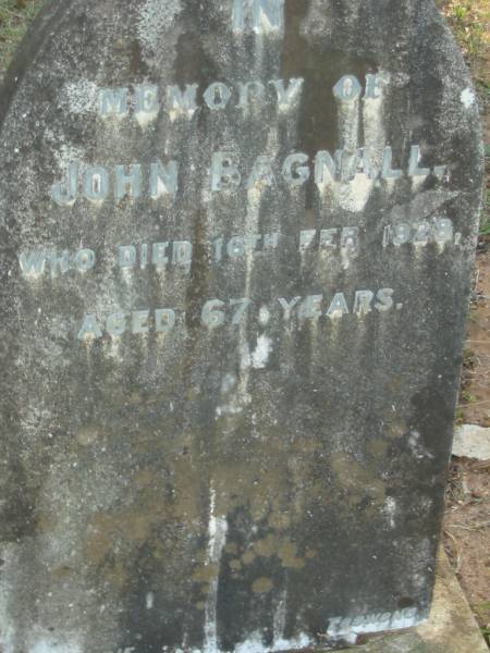 John BAGNALL  | 16 Feb 1928, aged 67  | Wonglepong cemetery, Beaudesert  | 