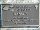 
William Molloy HANSON,
died 16 Jan 1990, 79 years 11 months;
Woodford Cemetery, Caboolture
