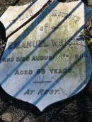 
Emanuel WRIGHT,
died 8 Aug 1904 aged 68 years;
Woodford Cemetery, Caboolture
