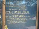 
Avril BABIO-PAZOS, wife mother,
accidentally killed,
born 23-10-1953 died 20-2-1992;
Woodford Cemetery, Caboolture
