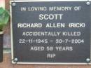 
Richard Allen (Rick) SCOTT,
accidentally killed
22-11-1945 - 30-7-2004 aged 58 years;
Woodford Cemetery, Caboolture
