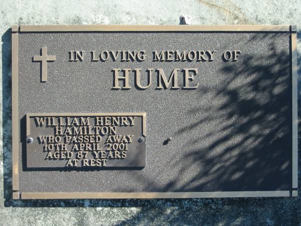 HUME, William Henry Hamilton,  | died 10 April 2001 aged 87 years;  | Woodford Cemetery, Caboolture  | 