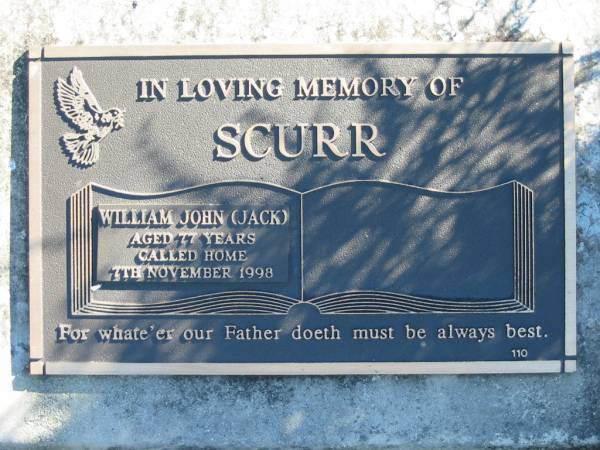 SCURR, William John (Jack),  | died 7 Nov 1998 aged 77 years;  | Woodford Cemetery, Caboolture  | 