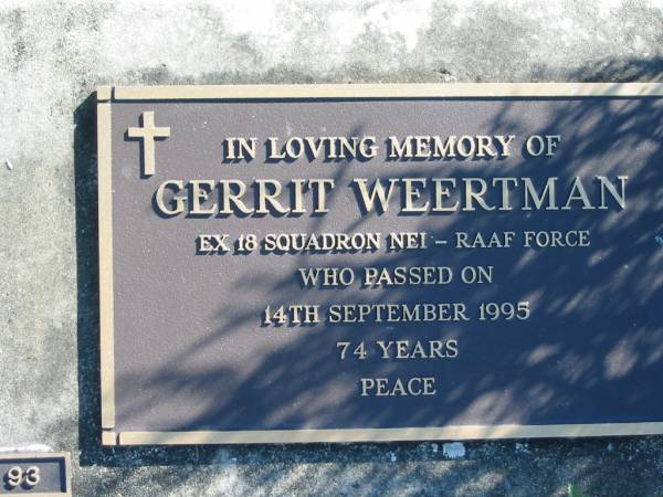 GERRIT WEERTMAN,  | died 14 Sept 1995, 74 years;  | Woodford Cemetery, Caboolture  | 