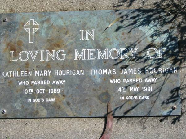 Kathleen Mary HOURIGAN,  | died 10 Oct 1989;  | Thomas James HOURIGAN,  | died 14 May 1991;  | Woodford Cemetery, Caboolture  | 