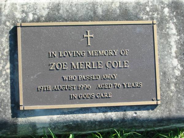 Zoe Merle COLE,  | died 19 Aug 1996 aged 76 years;  | Woodford Cemetery, Caboolture  | 