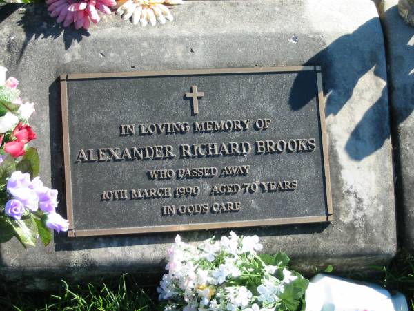 Alexander Richard BROOKS,  | died 10 March 1990 aged 70 years;  | Woodford Cemetery, Caboolture  | 