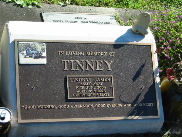 TINNEY, Lindsay James,  | died 19 June 2004 aged 28 years;  | Woodford Cemetery, Caboolture  | 