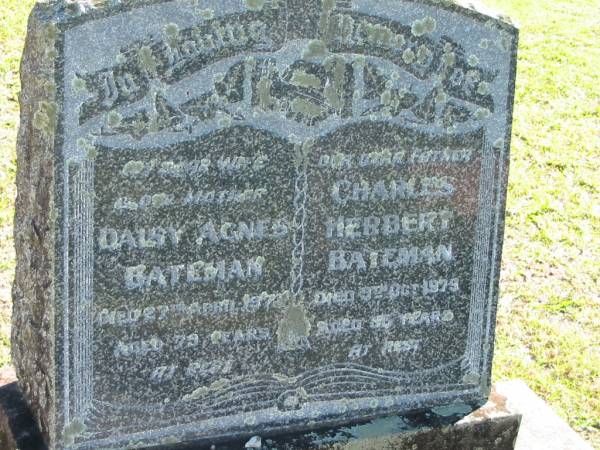 Daisy Agnes BATEMAN, wife mother,  | died 27 April 1973 aged 79 years;  | Charles Herbert BATEMAN, father,  | died 9 Oct 1979 aged 86? years;  | Woodford Cemetery, Caboolture  | 